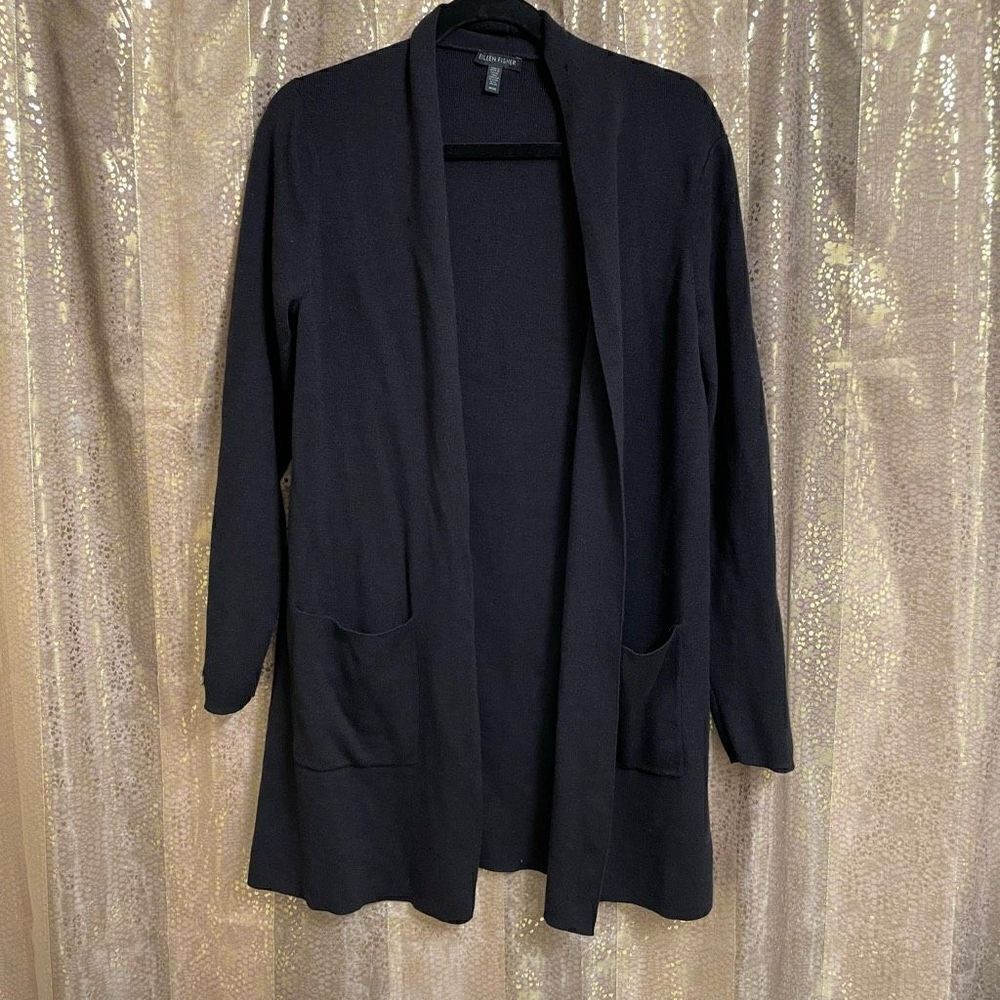 Eileen Fisher Black Open Front 100% Wool Cardigan Medium Flawed